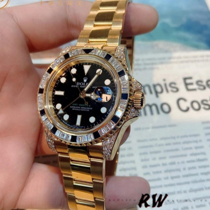 Rolex GMT-Master II 116758 Yellow Gold Black Dial Diamonds 40mm Mens Replica Watch