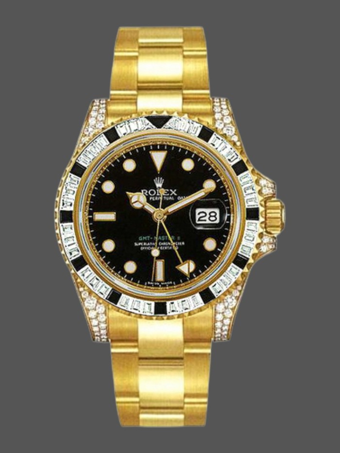 Rolex GMT-Master II 116758 Yellow Gold Black Dial Diamonds 40mm Mens Replica Watch