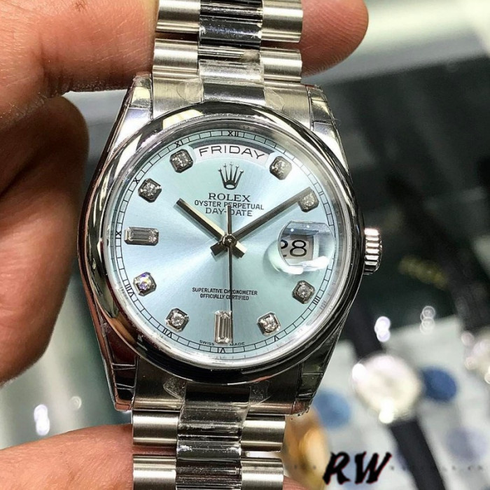 Rolex Day-Date 118206 Ice Blue Dial Diamond Platinum 36mm Unisex Replica Watch