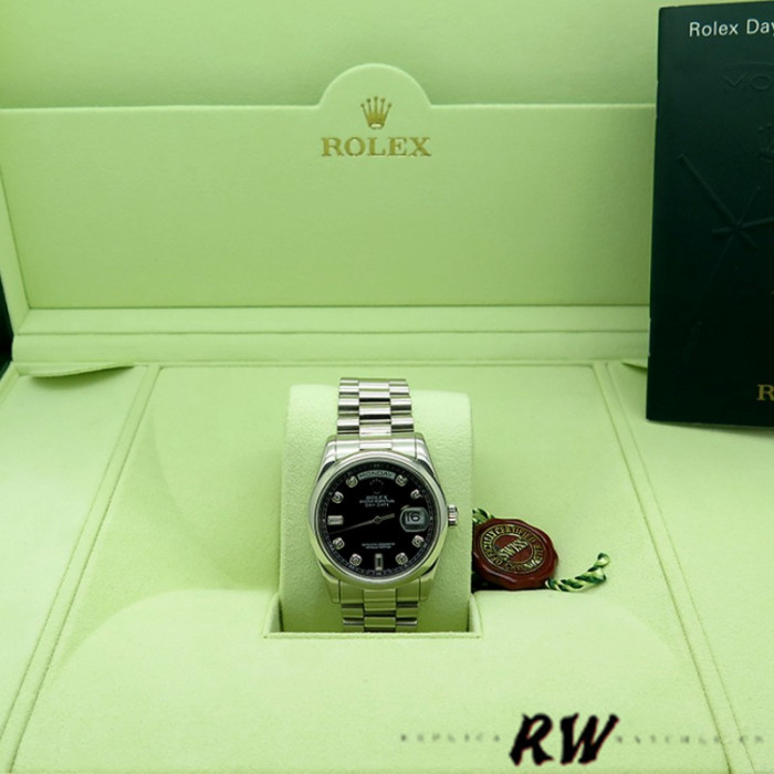 Rolex Day Date 118206 Platinum Black Diamond Dial 36mm Unisex Replica Watch