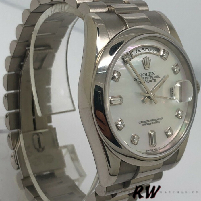 Rolex Day-Date 118206 Platinum White Mother of Pearl Diamond Dial 36mm Unisex Replica Watch