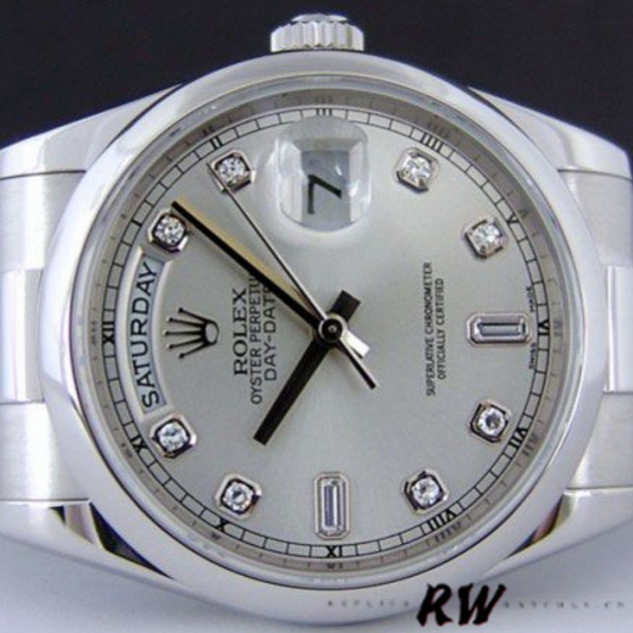 Rolex Day-Date 118206 Silver Diamond Dial Platinum 36mm Unisex Replica Watch