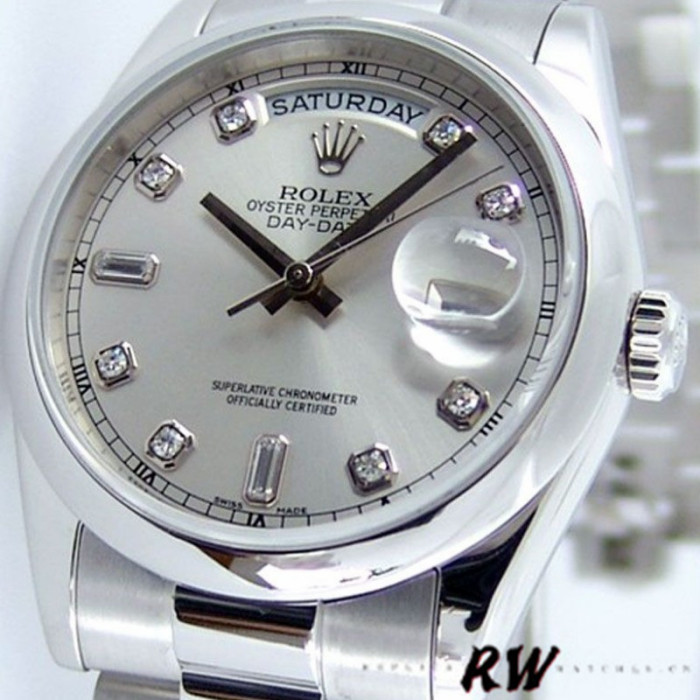 Rolex Day-Date 118206 Silver Diamond Dial Platinum 36mm Unisex Replica Watch