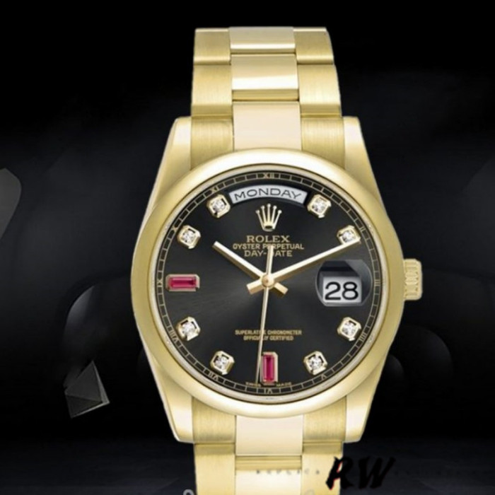 Rolex Day-Date 118208 Black Diamond Dial Yellow Gold case 36mm Unisex Replica Watch