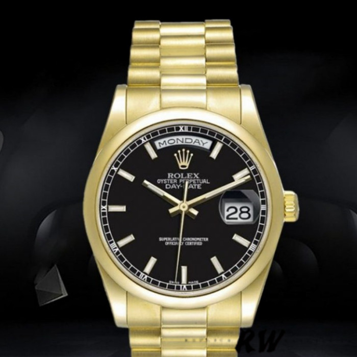 Rolex Day-Date 118208 Black Dial Automatic Yellow Gold 36mm Unisex Replica Watch