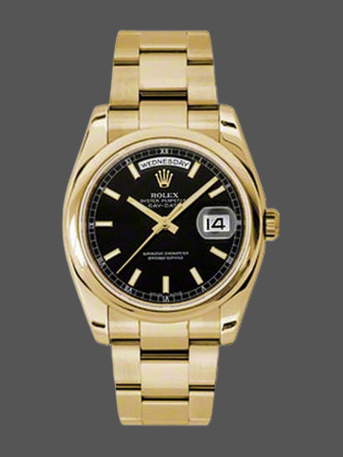 Rolex Day-Date 118208 Black Arab Dial Yellow Gold 36mm Unisex Replica Watch