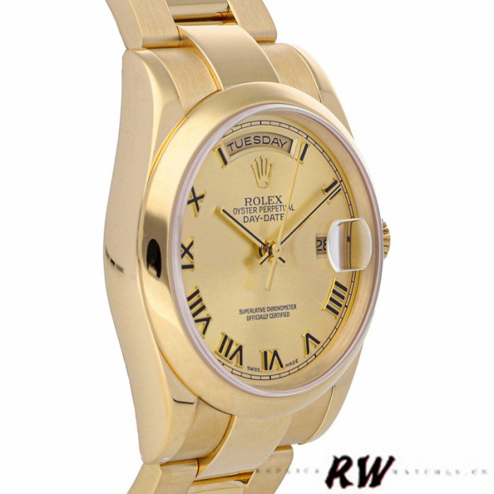 Rolex Day-Date 118208 Yellow Gold Champagne Dial Roman Numerals 36mm Unisex Replica Watch