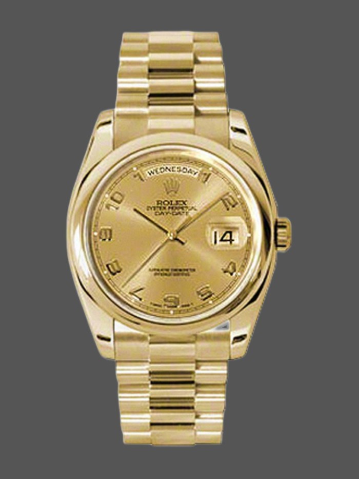 Rolex Day-Date 118208 champagne dial Arabic Numeral Hour Markers yellow gold 36mm Unisex Replica Watch