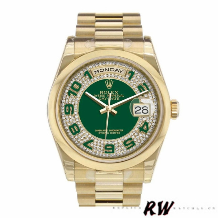 Rolex Day-Date 118208 Yellow Gold Green Diamond Paved Arabic Dial 36mm Unisex Replica Watch