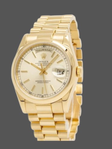 Rolex Day-Date 118208 champagne dial with gold indexes Yellow Gold 36mm Unisex Replica Watch