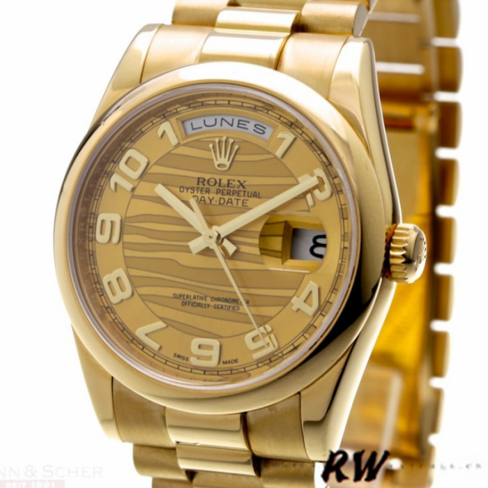 Rolex Day-Date 118208 Arabic Numeral Wave Champagne Dial 36mm Unisex Replica Watch