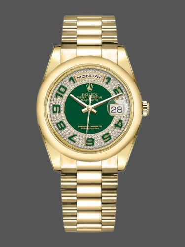 Rolex Day-Date 118208 Yellow Gold Green Diamond Paved Arabic Dial 36mm Unisex Replica Watch