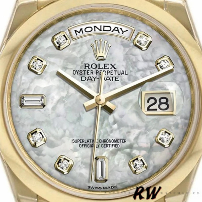 Rolex Day-Date 118208 Yellow Gold Mother of Pearl Diamond Dial 36mm Unisex Replica Watch