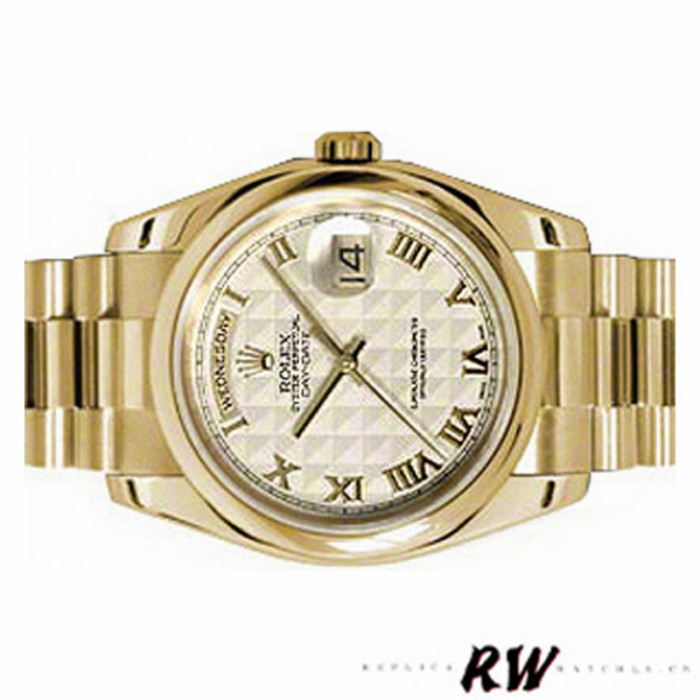 Rolex Day-Date 118208 Yellow Gold Roman Numeral Pyramid Ivory Dial 36mm Unisex Replica Watch