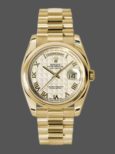 Rolex Day-Date 118208 Yellow Gold Roman Numeral Pyramid Ivory Dial 36mm Unisex Replica Watch