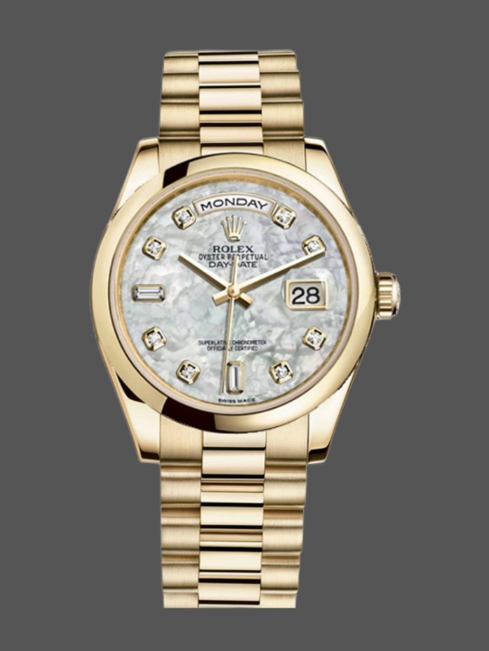 Rolex Day-Date 118208 Yellow Gold Mother of Pearl Diamond Dial 36mm Unisex Replica Watch