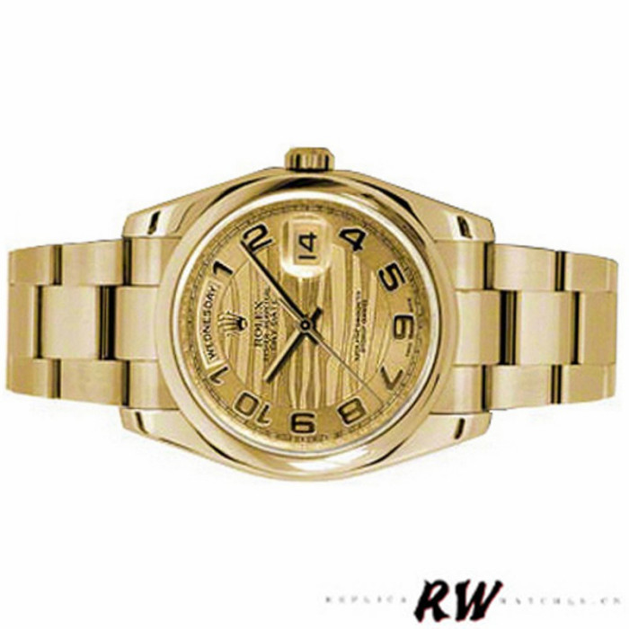 Rolex Day-Date 118208 Yellow Gold Arabic Numeral Wave Champagne Dial 36mm Unisex Replica Watch