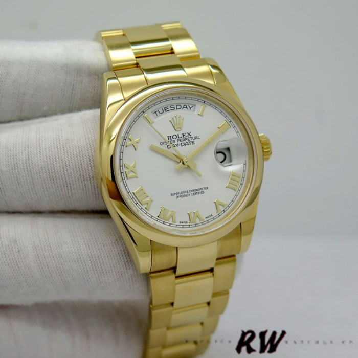 Rolex Day-Date 118208 Yellow Gold White Dial Roman Numeral 36mm Unisex Replica Watch