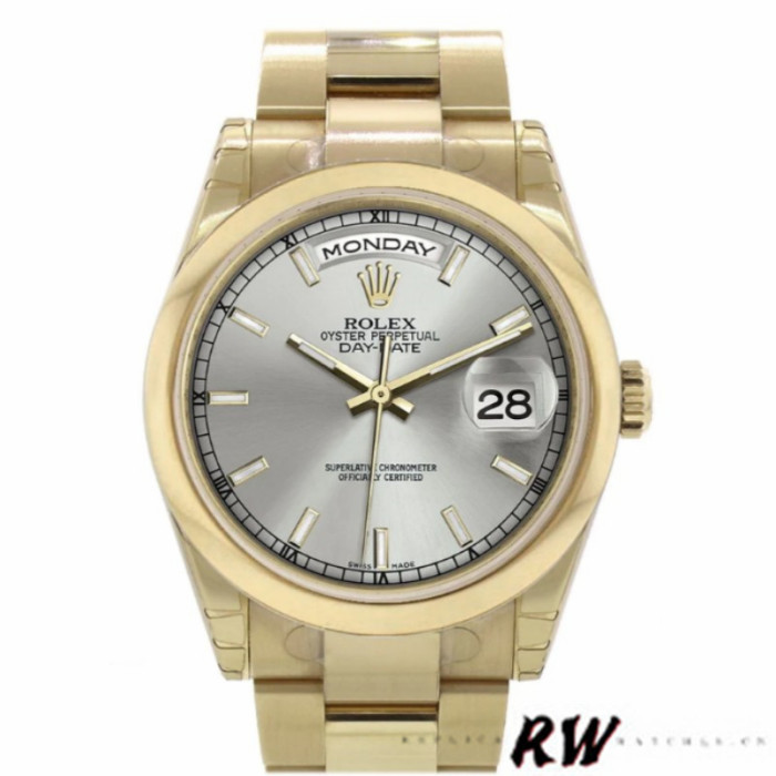 Rolex Day-Date 118208 Silver Dial Yellow Gold 36mm Unisex Replica Watch