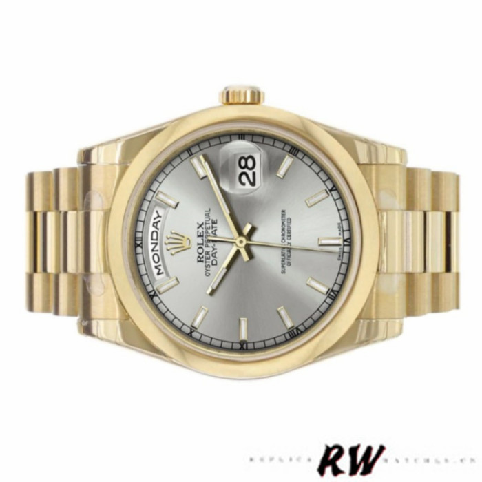 Rolex Day-Date 118208 Silver Dial Domed Bezel 36mm Unisex Replica Watch