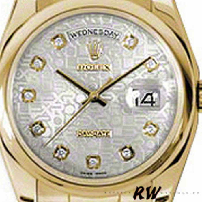Rolex Day-Date 118208 Silver Diamond Jubilee Dial Yellow Gold 36mm Unisex Replica Watch