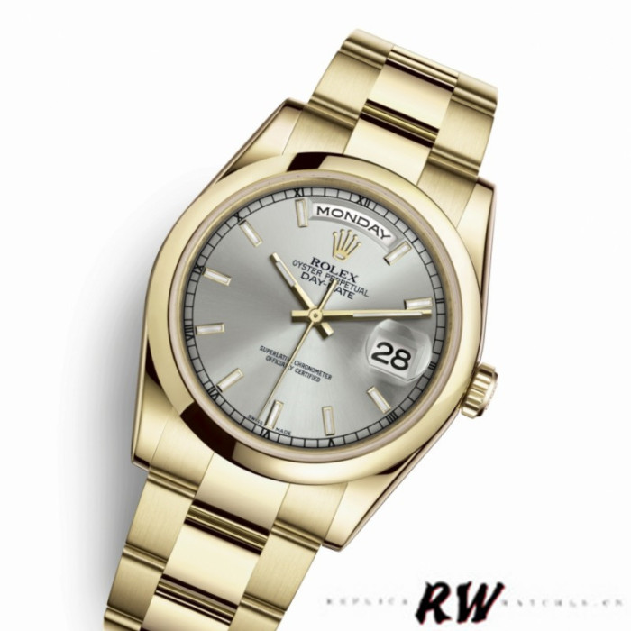Rolex Day-Date 118208 Silver Dial Yellow Gold 36mm Unisex Replica Watch
