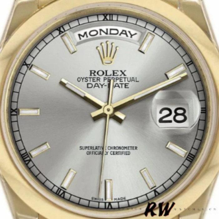 Rolex Day-Date 118208 Silver Dial Domed Bezel 36mm Unisex Replica Watch