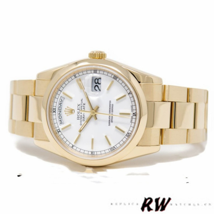 Rolex Day-Date 118208 White Dial Yellow Gold 36mm Unisex Replica Watch