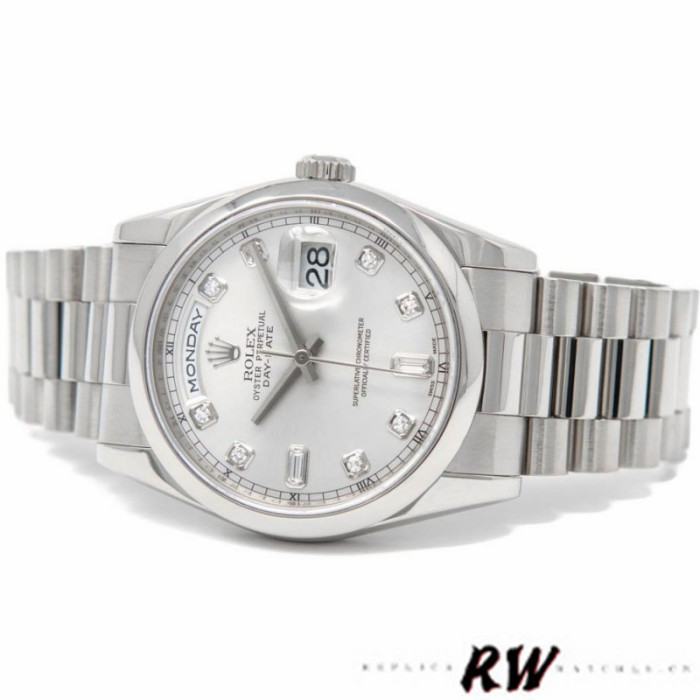 Rolex Day-Date 118209 White Gold Silver Diamond Dial Automatic 36mm Unisex Replica Watch