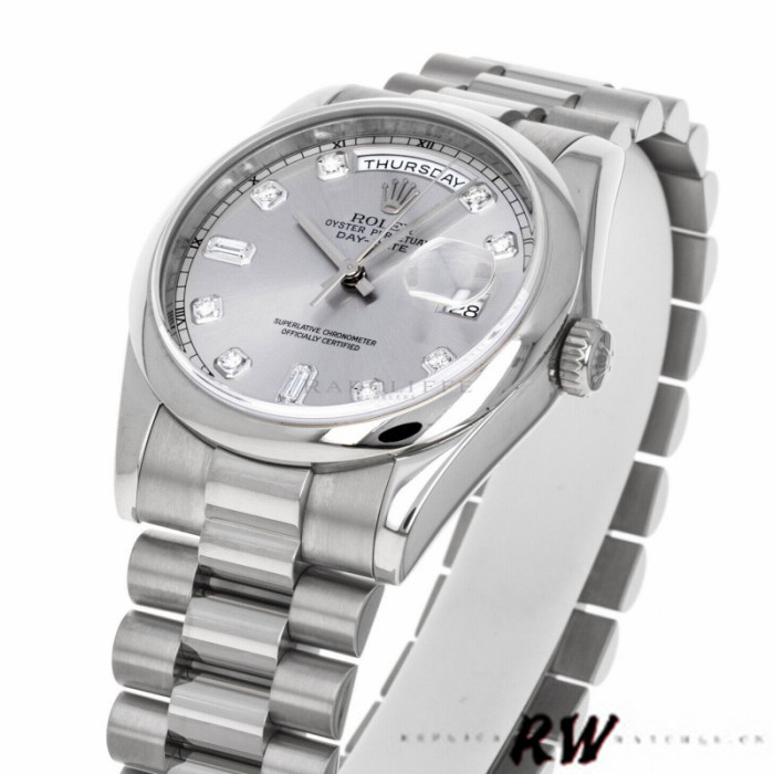 Rolex Day-Date 118209 White Gold Silver Diamond Dial Automatic 36mm Unisex Replica Watch