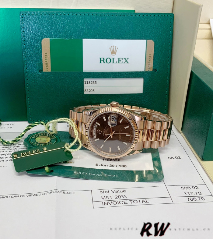 Rolex Day-Date 118235 Everose Gold Case Chocolate Dial 36mm Unisex Replica Watch