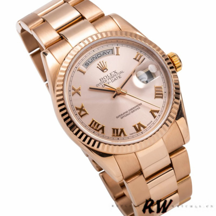 Rolex Day-Date 118235 Pink Roman Numeral dial Fluted Bezel 36mm Lady Replica Watch