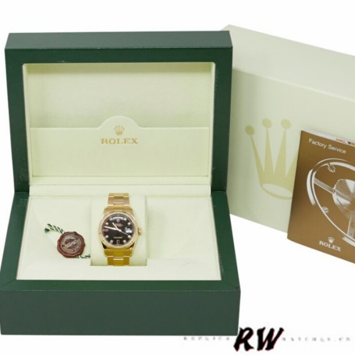 Rolex Day Date 118238 Yellow Gold Black Diamond Dial Fluted Bezel 36mm Mens Replica Watch