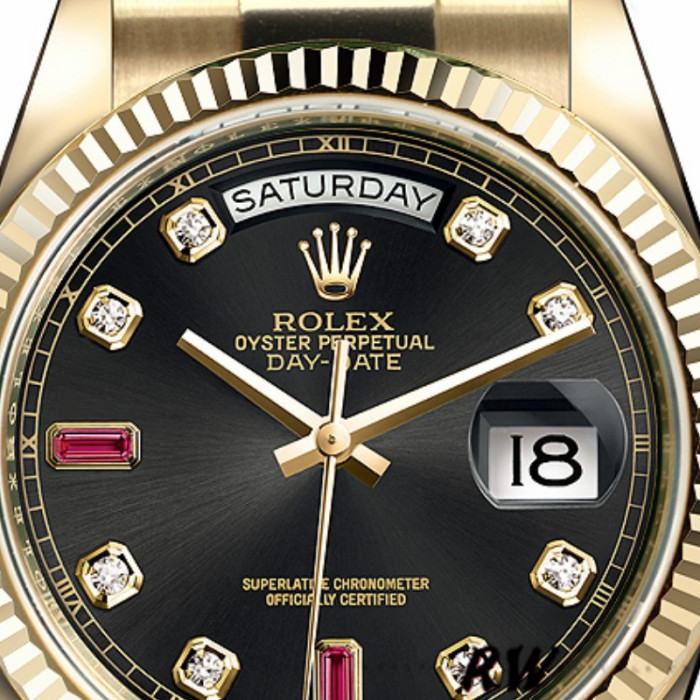 Rolex Day Date 118238 Yellow Gold Black Diamond Dial Fluted Bezel 36mm Mens Replica Watch