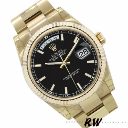 Rolex Day Date 118238 Yellow Gold Black Dial Stainless Steel 36mm Mens Replica Watch