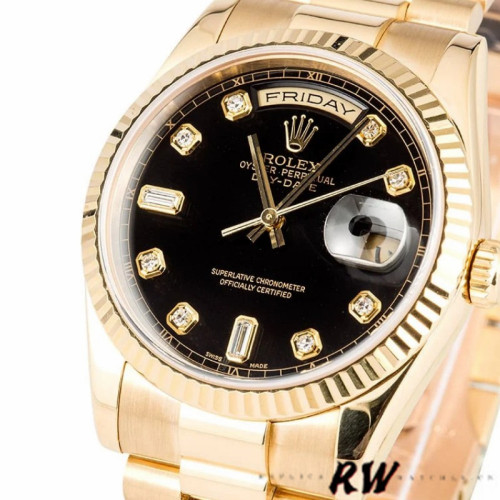 Rolex Day Date 118238 Yellow Gold Black Diamond Dial 36mm Mens Replica Watch