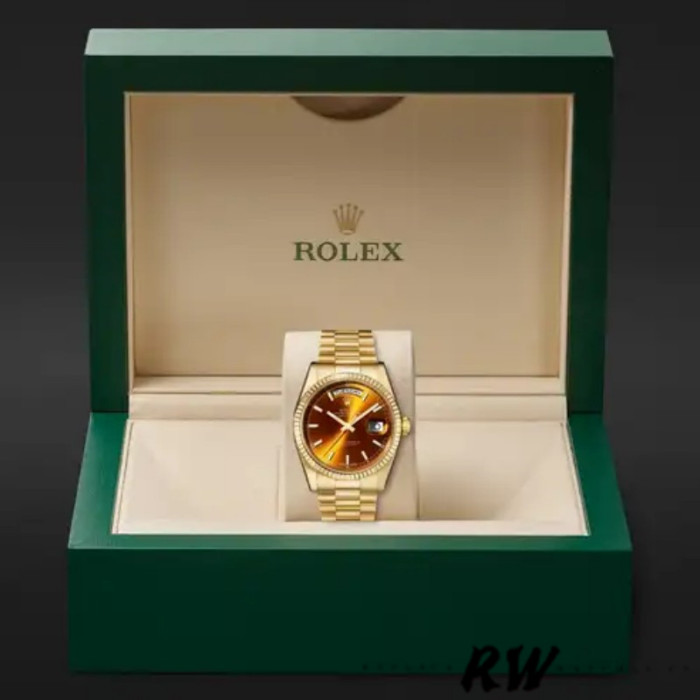 Rolex Day-Date 118238 Yellow Gold Index Cognac Dial 36mm Unisex Replica Watch