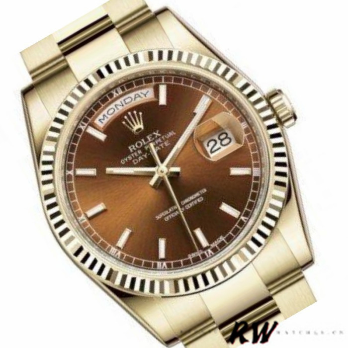 Rolex Day-Date 118238 Index Cognac Dial Fluted Bezel 36mm Unisex Replica Watch