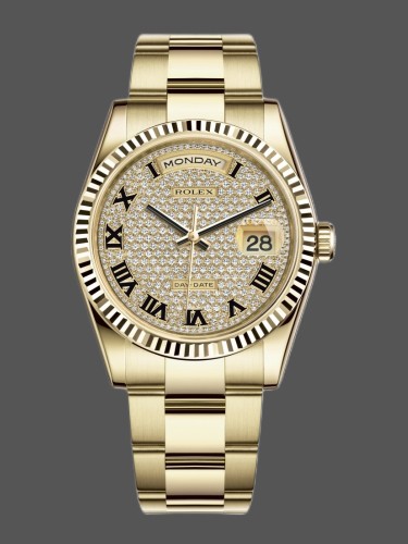 Rolex Day-Date 118238 Yellow Gold Pave diamond dial 36mm Unisex Replica Watch