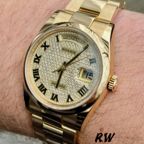 Rolex Day-Date 118238 Yellow Gold Pave diamond dial 36mm Unisex Replica Watch