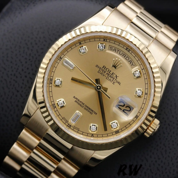 Rolex Day-Date 118238 Yellow Gold Diamond Champagne Dial 36mm Unisex Replica Watch