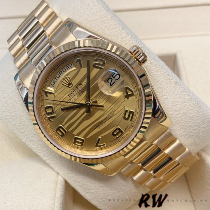 Rolex Day-Date 118238 Arabic Numeral Wave Champagne Dial Yellow gold 36mm Unisex Replica Watch