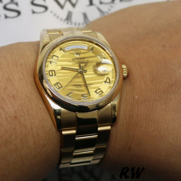 Rolex Day-Date 118238 Arabic Numeral Wave Champagne Dial 36mm Unisex Replica Watch