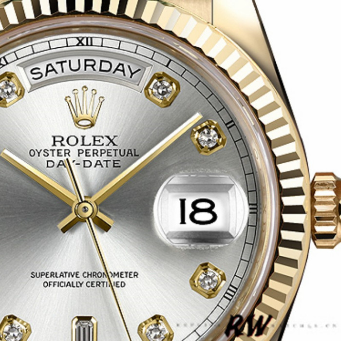 Rolex Day-Date 118238 Yellow Gold Silver Diamond Dial 36mm Unisex Replica Watch