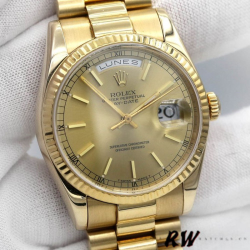 Rolex Day-Date 118238 Yellow Gold Fluted Bezel Champagne Dial 36mm Unisex Replica Watch