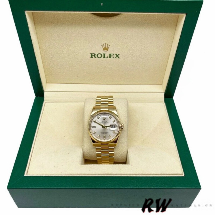 Rolex Day-Date 118238 Silver Diamond Dial 36mm Unisex Replica Watch