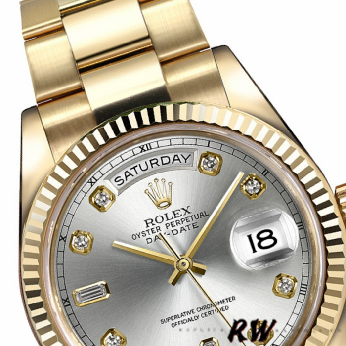 Rolex Day-Date 118238 Yellow Gold Silver Diamond Dial 36mm Unisex Replica Watch