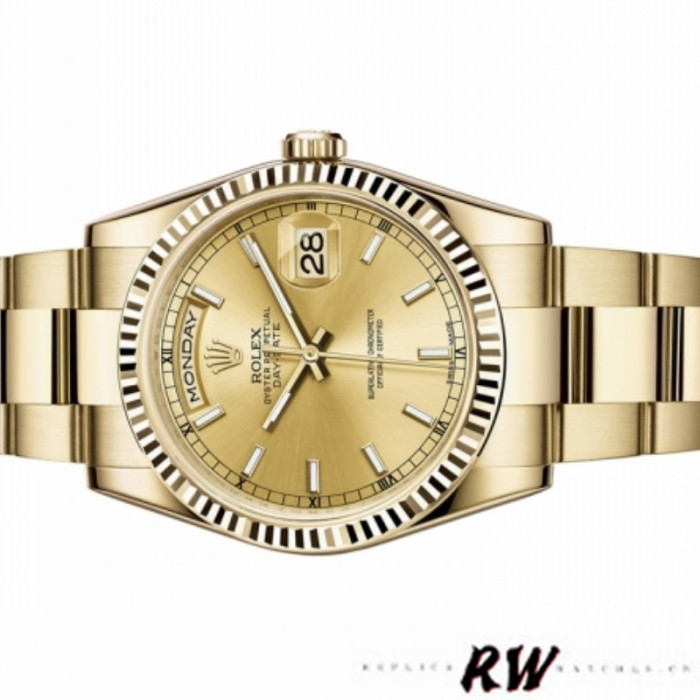 Rolex Day-Date 118238 Yellow Gold Fluted Bezel Champagne Dial 36mm Unisex Replica Watch