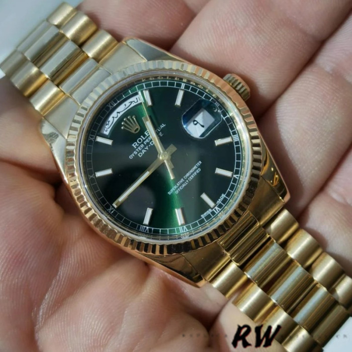 Rolex Day-Date 118238 Yellow Gold Fluted Bezel Green Dial 36mm Unisex Replica Watch