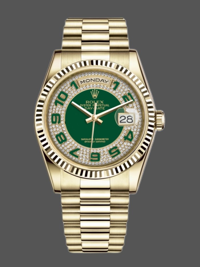 Rolex Day-Date 118238 Yellow Gold Green Diamond Pave Dial 36mm Unisex Replica Watch